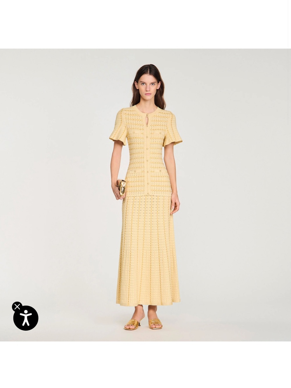 Sandro Gold Knit Maxi Dress with Keyhole and Short Sleeves